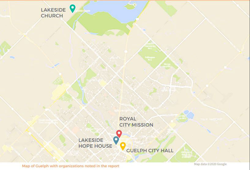 Map of Guelph with organizations noted in the report